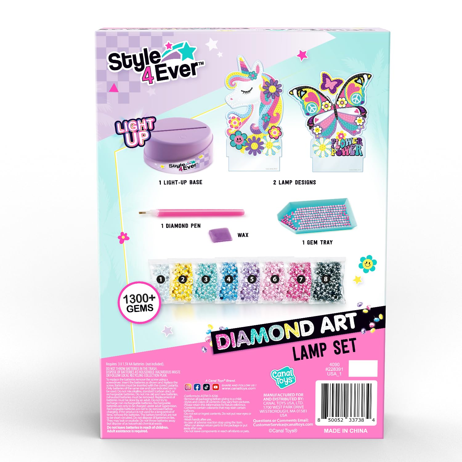 Canal Toys Style 4 Ever Diamond Art Unicorn & Butterfly Lamp Set – Light Up Base, 1300+ Gems, Ages 6+