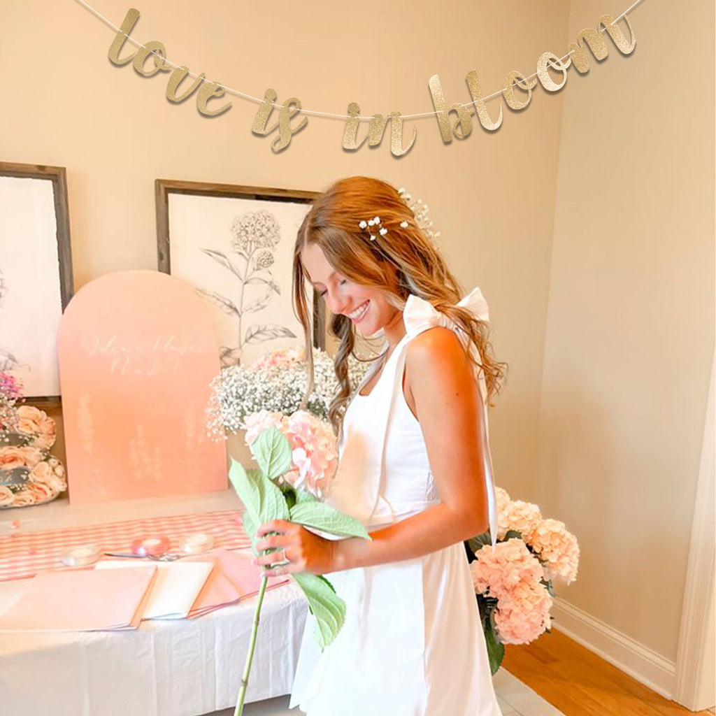 CANTLY Love Is In Bloom Gold Glitter Banner – Bridal Shower & Wedding Decor