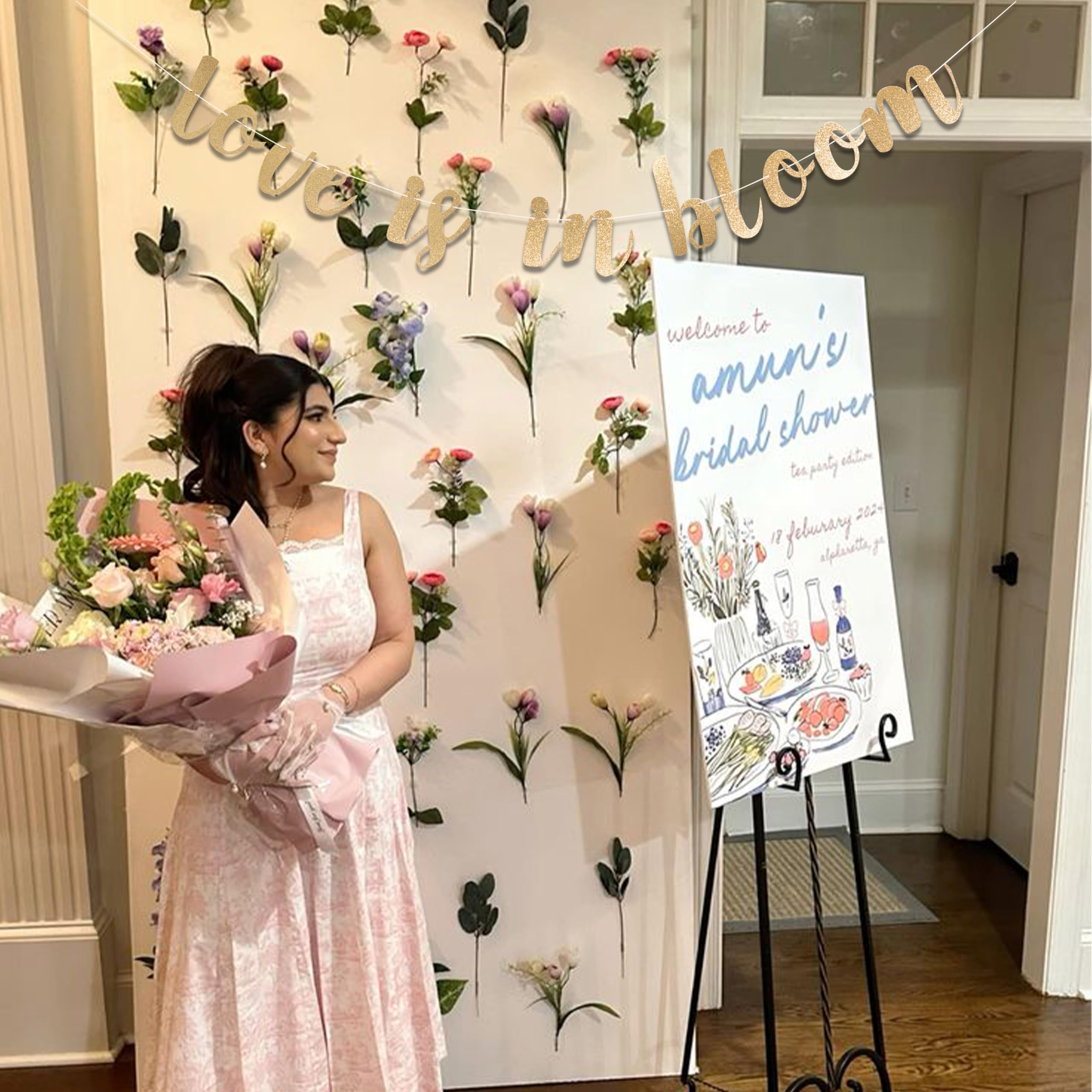 CANTLY Love Is In Bloom Gold Glitter Banner – Bridal Shower & Wedding Decor