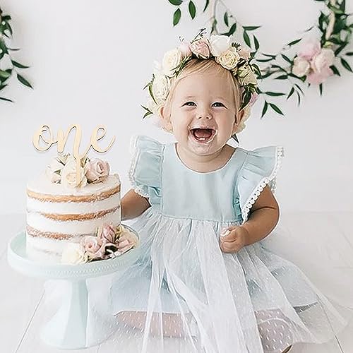 CANTLY Wooden 'One' Cake Topper for First Birthday Party Decorations - Script Design, 4.8 x 6.8 Inches