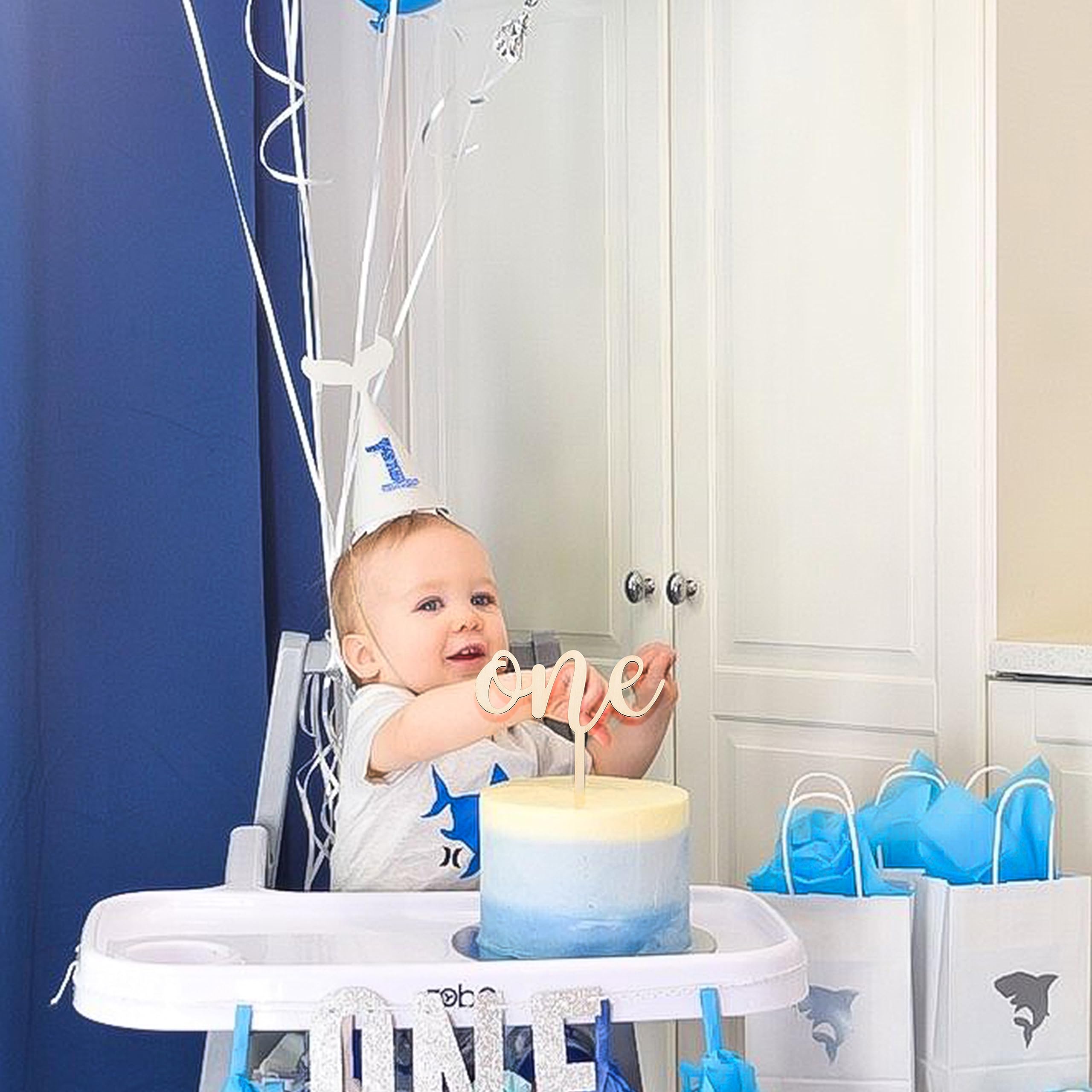 CANTLY Wooden 'One' Cake Topper for First Birthday Party Decorations - Script Design, 4.8 x 6.8 Inches