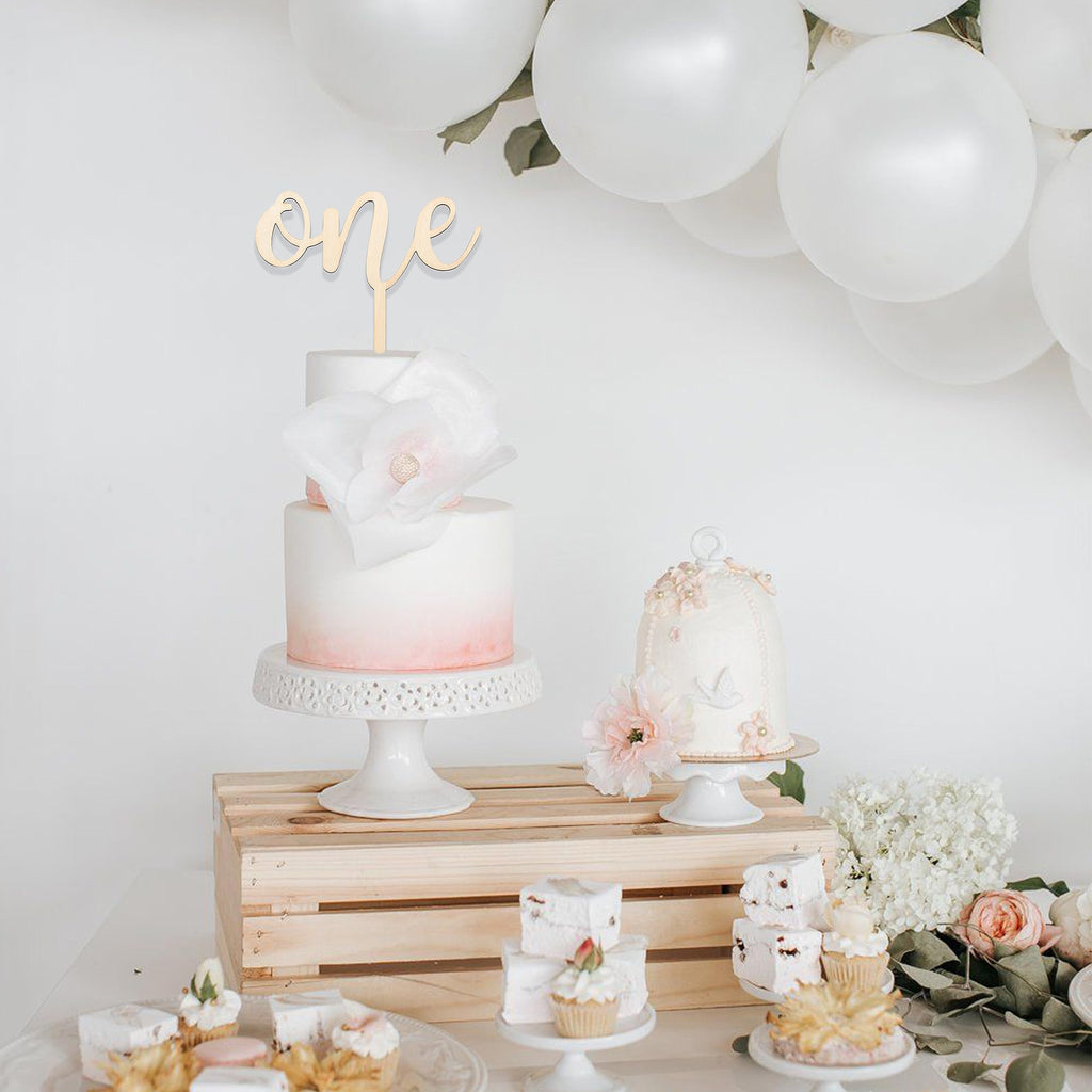 CANTLY Wooden 'One' Cake Topper for First Birthday Party Decorations - Script Design, 4.8 x 6.8 Inches
