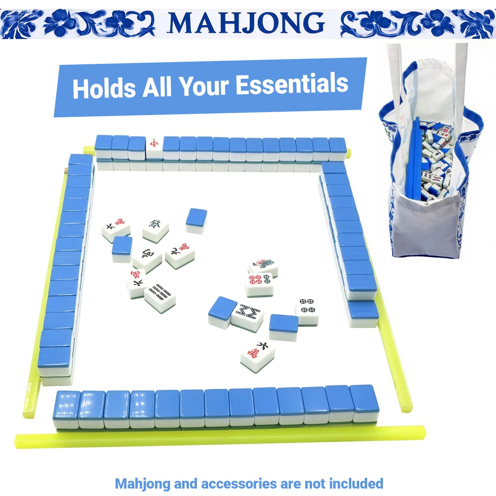 Canvas Mahjong Tile Bag – Holds 166 Tiles & 4 Racks, Extra Wide, Zippered, Portable, Blue