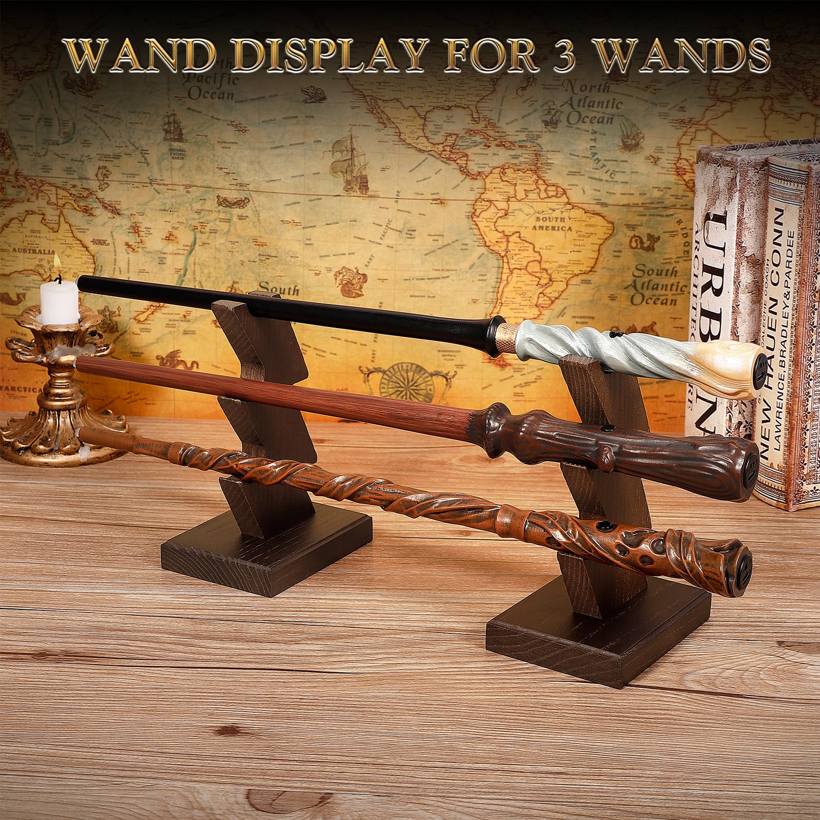 CaptainWiz Wooden Wand Stand Display – 3-Tier Handcrafted Holder for Wands & Pens, Brown
