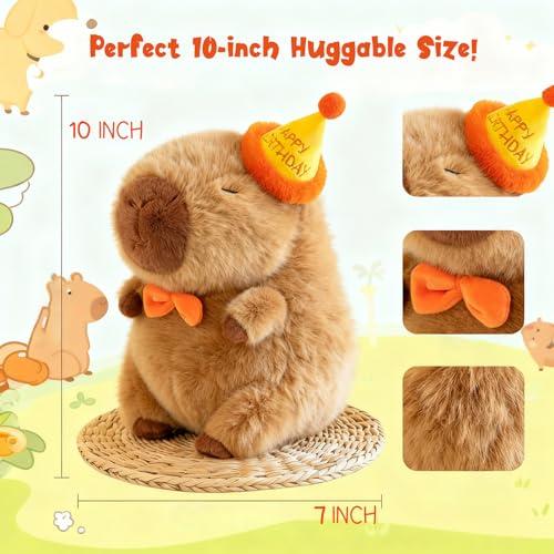Capybara Plush with Birthday Hat – 9-Inch Kawaii Stuffed Animal Toy, Ultra-Soft Gift for Girls and Fans