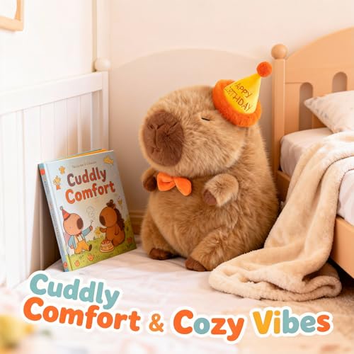 Capybara Plush with Birthday Hat – 9-Inch Kawaii Stuffed Animal Toy, Ultra-Soft Gift for Girls and Fans