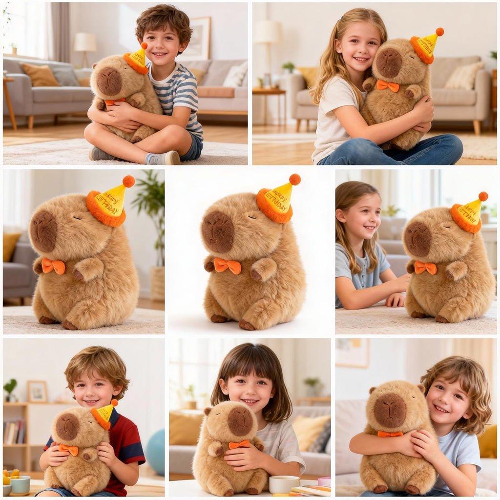 Capybara Plush with Birthday Hat – 9-Inch Kawaii Stuffed Animal Toy, Ultra-Soft Gift for Girls and Fans