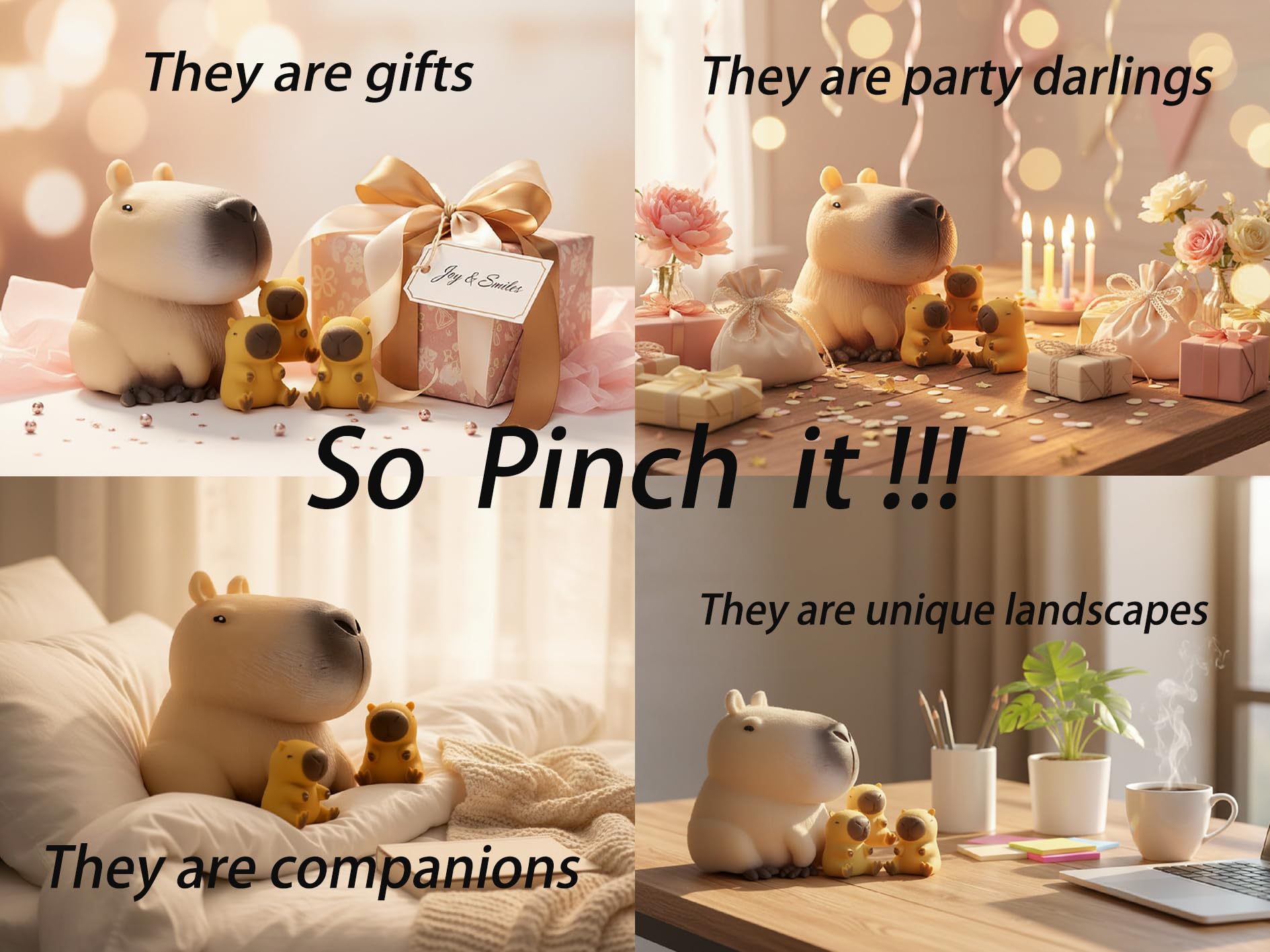 Capybara Squishy Fidget Toys 4 Pack – Large & Mini Family Set for Stress Relief, Sensory Play, and Desk Decor
