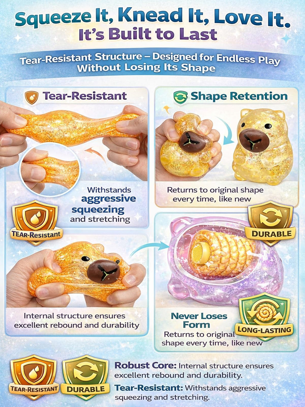 Capybara Squishy Stress Ball - Slow Rise Glitter Anxiety Relief Fidget Toy, TPR, Blue