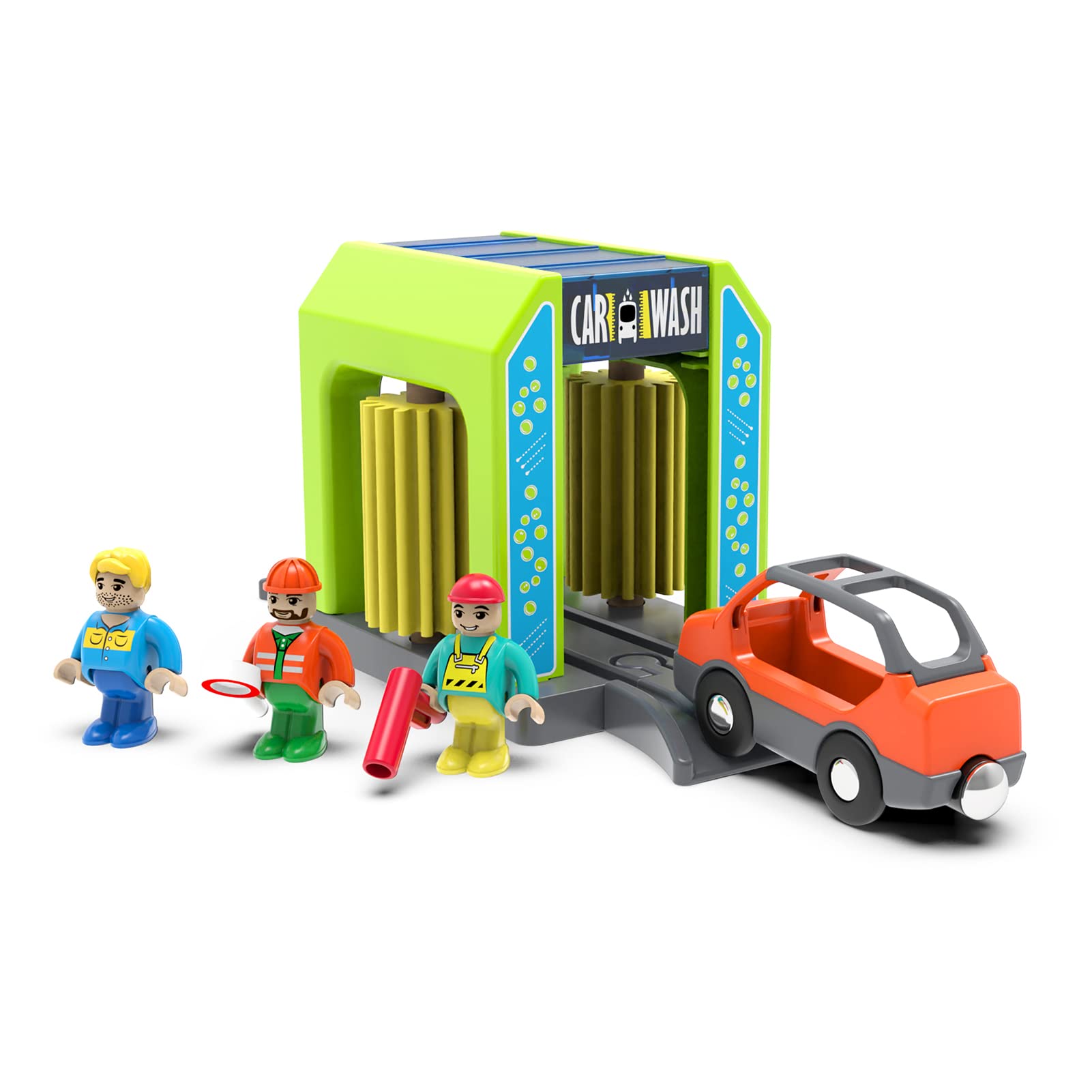 Car Wash Station Playset for Wooden Train Tracks - Pretend Play Toy with Car and Figures