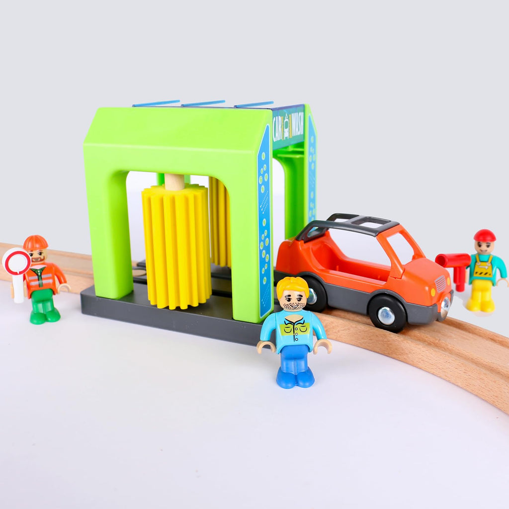 Car Wash Station Playset for Wooden Train Tracks - Pretend Play Toy with Car and Figures