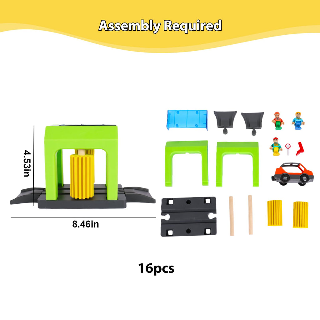 Car Wash Station Playset for Wooden Train Tracks - Pretend Play Toy with Car and Figures