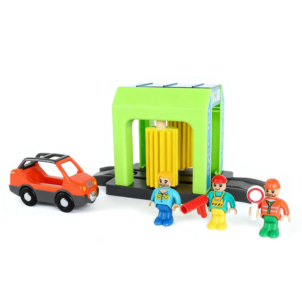 Car Wash Station Playset for Wooden Train Tracks - Pretend Play Toy with Car and Figures