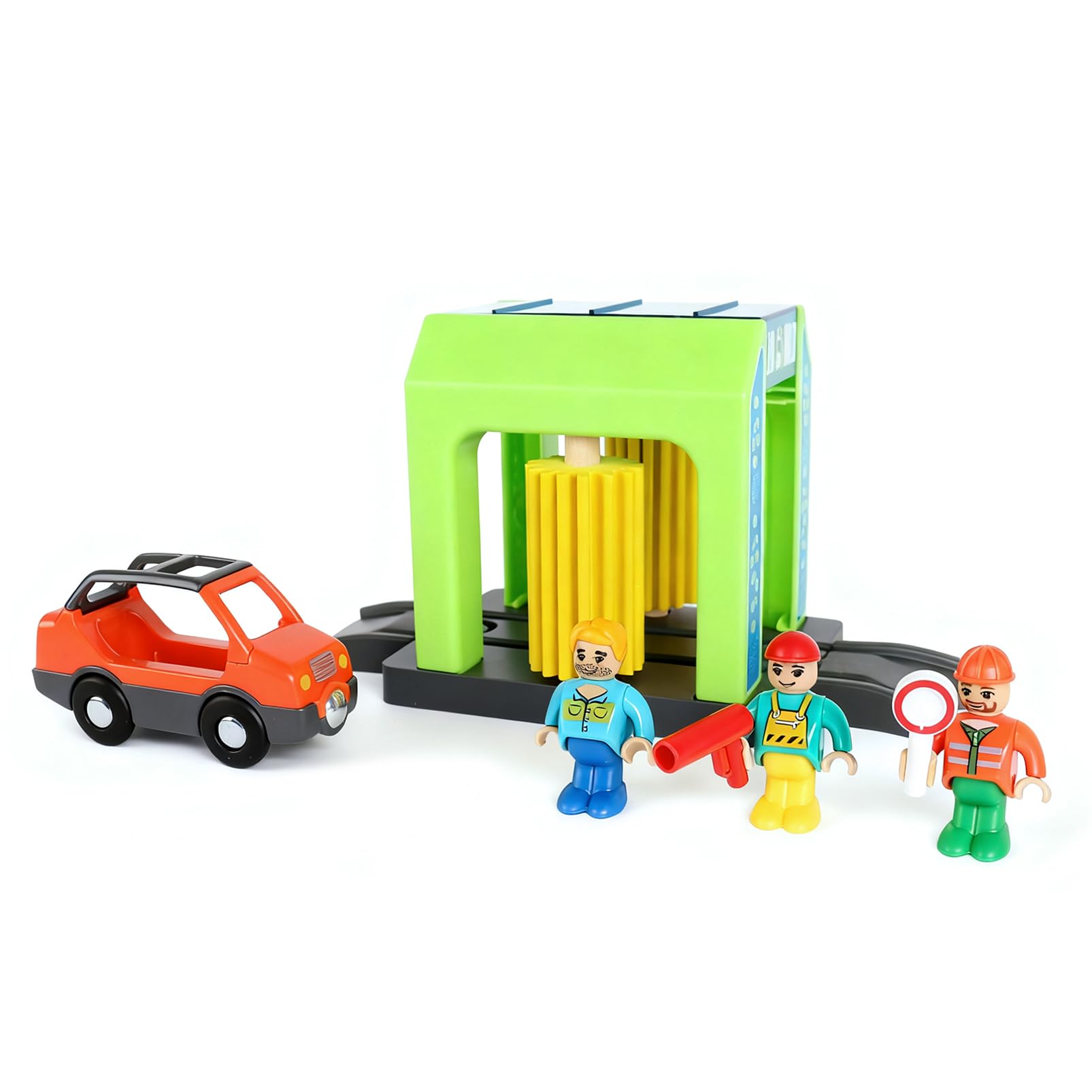 Car Wash Station Playset for Wooden Train Tracks - Pretend Play Toy with Car and Figures