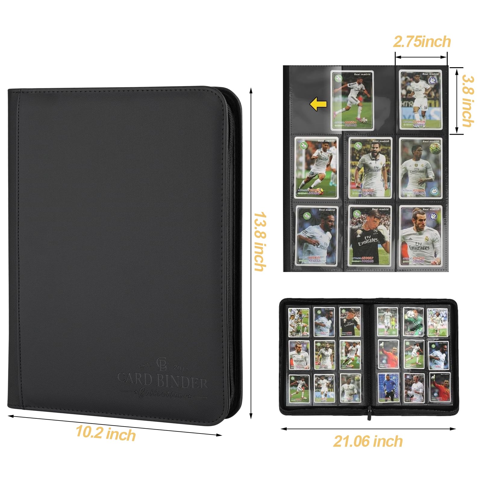 CARDBINDER 9-Pocket Card Binder - 540 Double-Sided Pockets, Zipper Closure, Black PU Leather