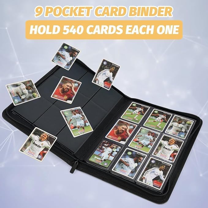 CARDBINDER 9-Pocket Card Binder - 540 Double-Sided Pockets, Zipper Closure, Black PU Leather