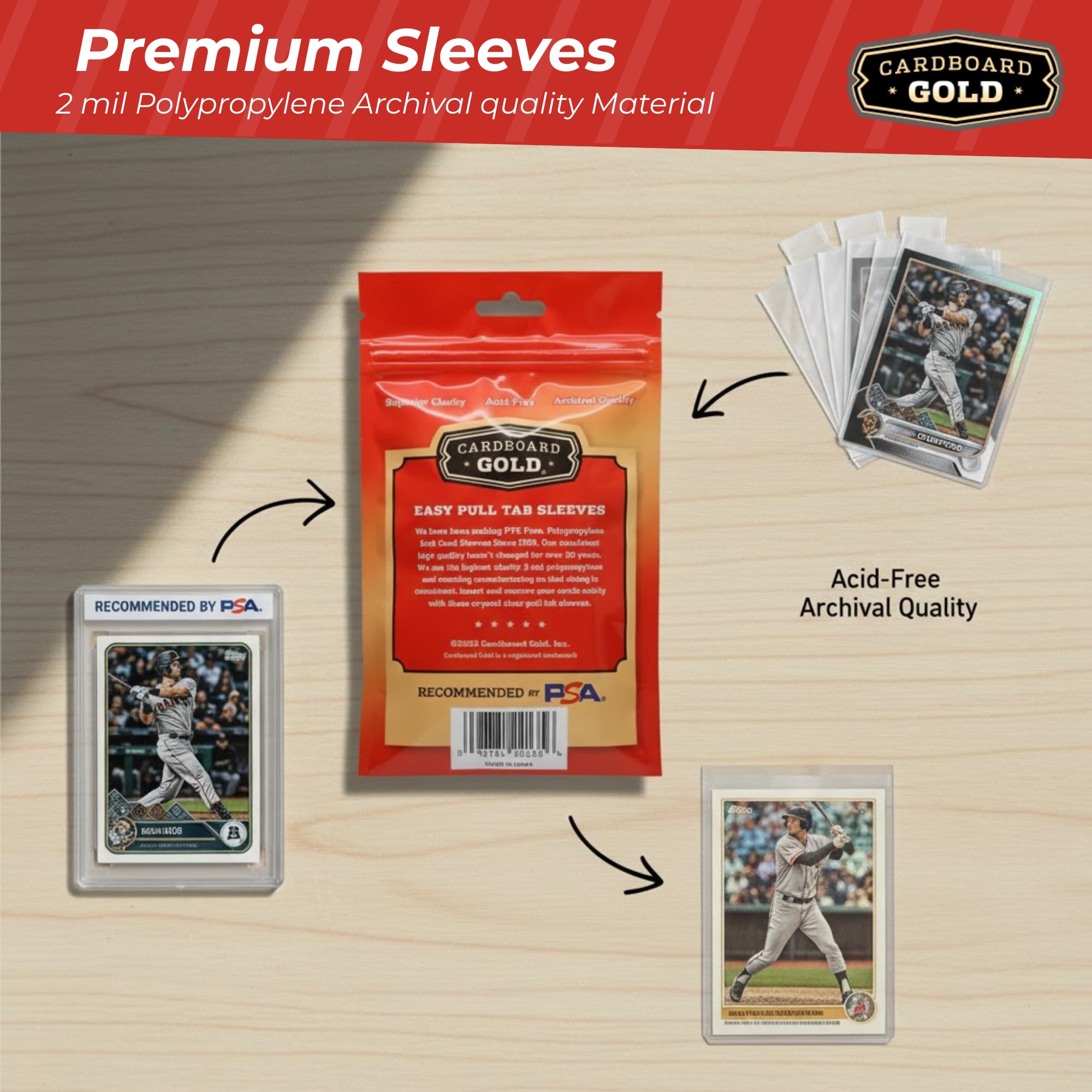 Cardboard Gold 2-Mil Tabbed Sleeves 100-Pack for Card Grading
