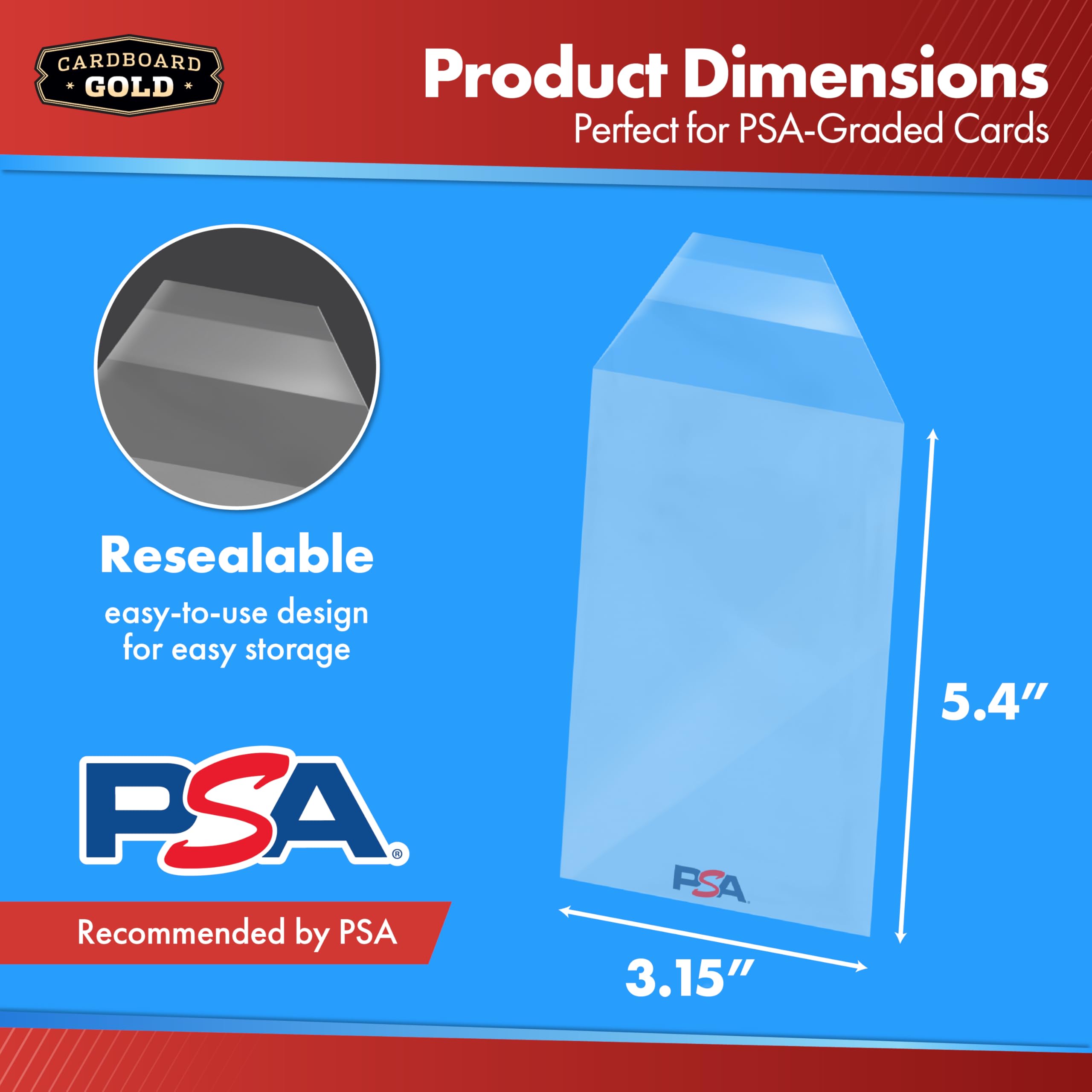 Cardboard Gold PSA Graded Card Sleeves (50 Pack) – Official PSA Logo, Resealable Slab Protectors for Trading Cards