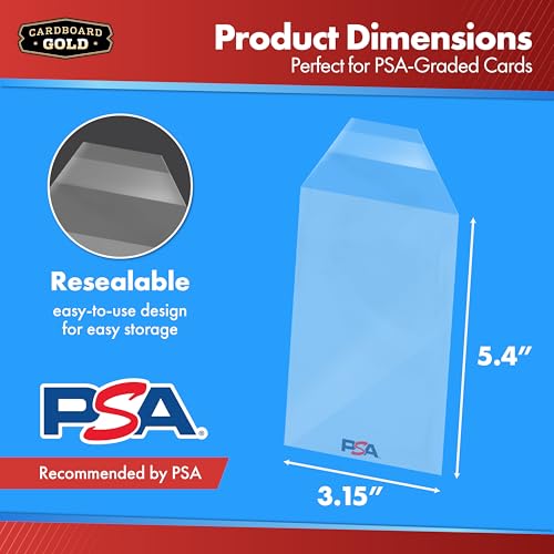 Cardboard Gold PSA Graded Card Sleeves (50 Pack) – Official PSA Logo, Resealable Slab Protectors for Trading Cards