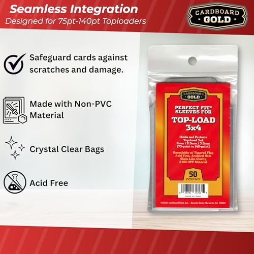 Cardboard Gold Toploader Sleeves - 50 Pack Resealable 75pt-140pt Acid-Free Clear Polypropylene Sleeves for Card Protection