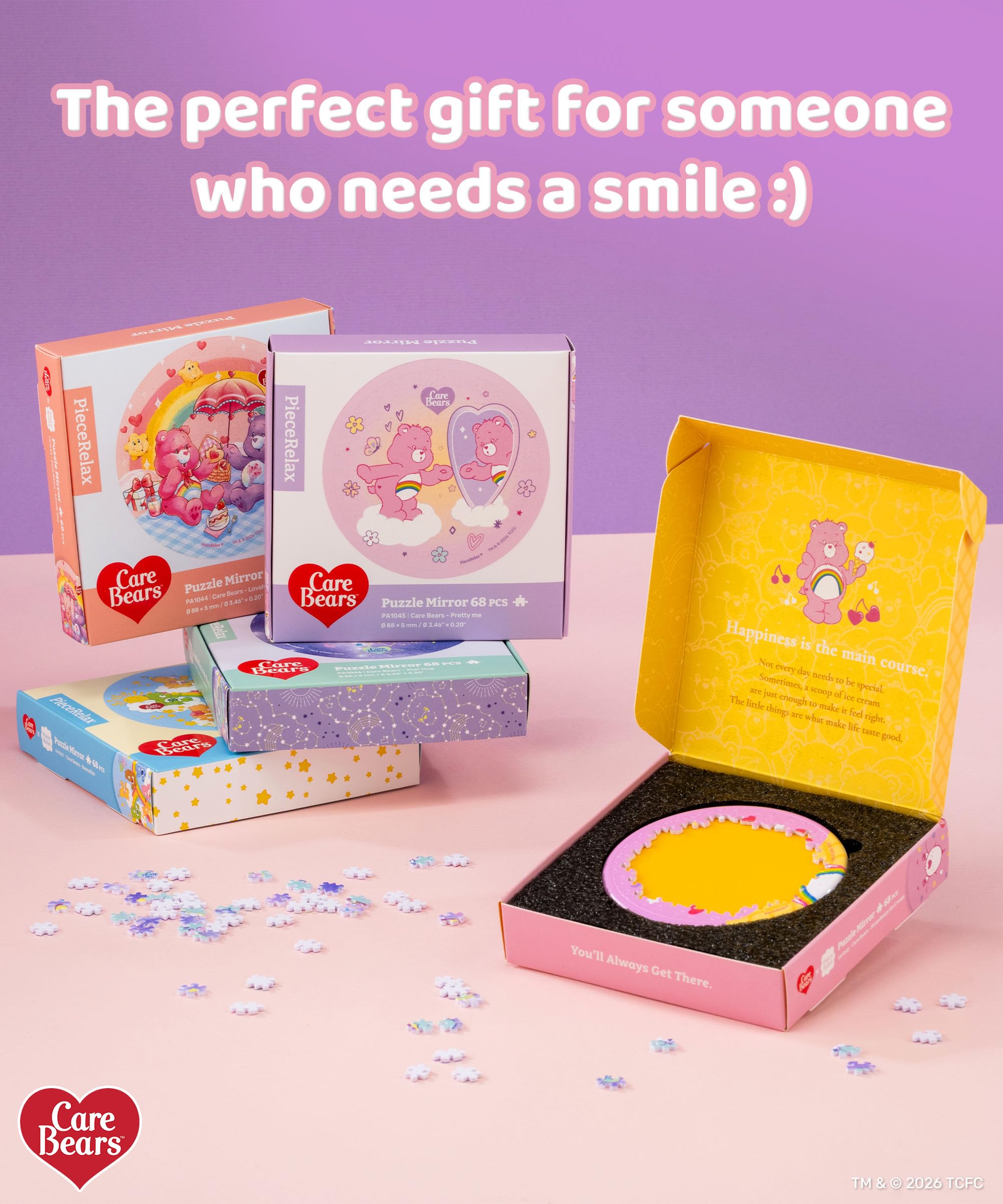 Care Bears 68-Piece Puzzle Mirror by PieceRelax – Bearadise Design, Double-Sided, Plastic Interlocking Pieces