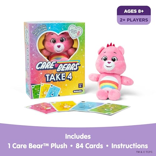 Care Bears Take 4 Card Game with Exclusive Cheer Bear Plush – Fast Family Game for Kids