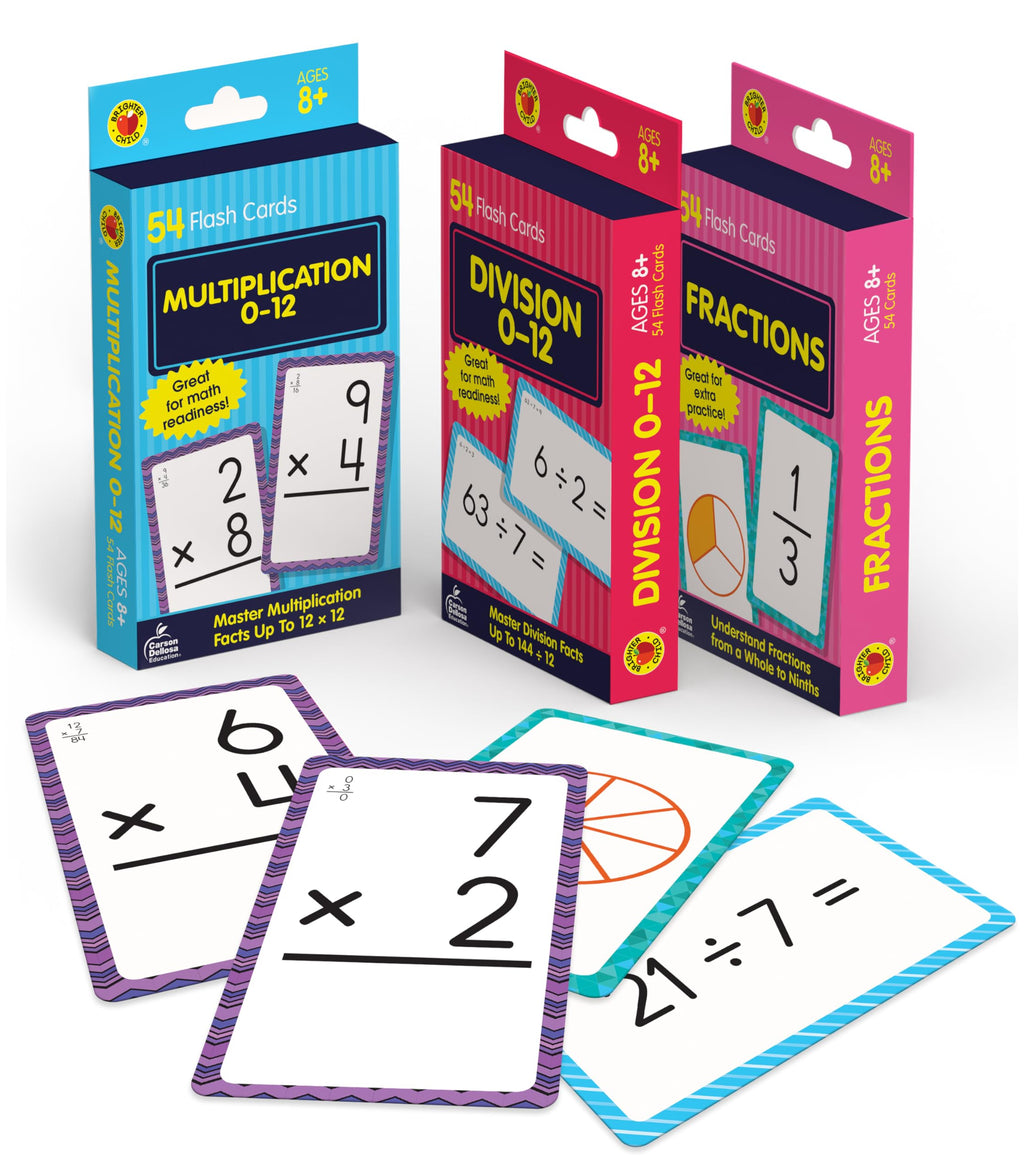 Carson Dellosa 3-Pack Math Flash Cards: Multiplication, Division & Fractions for Grades 3-5