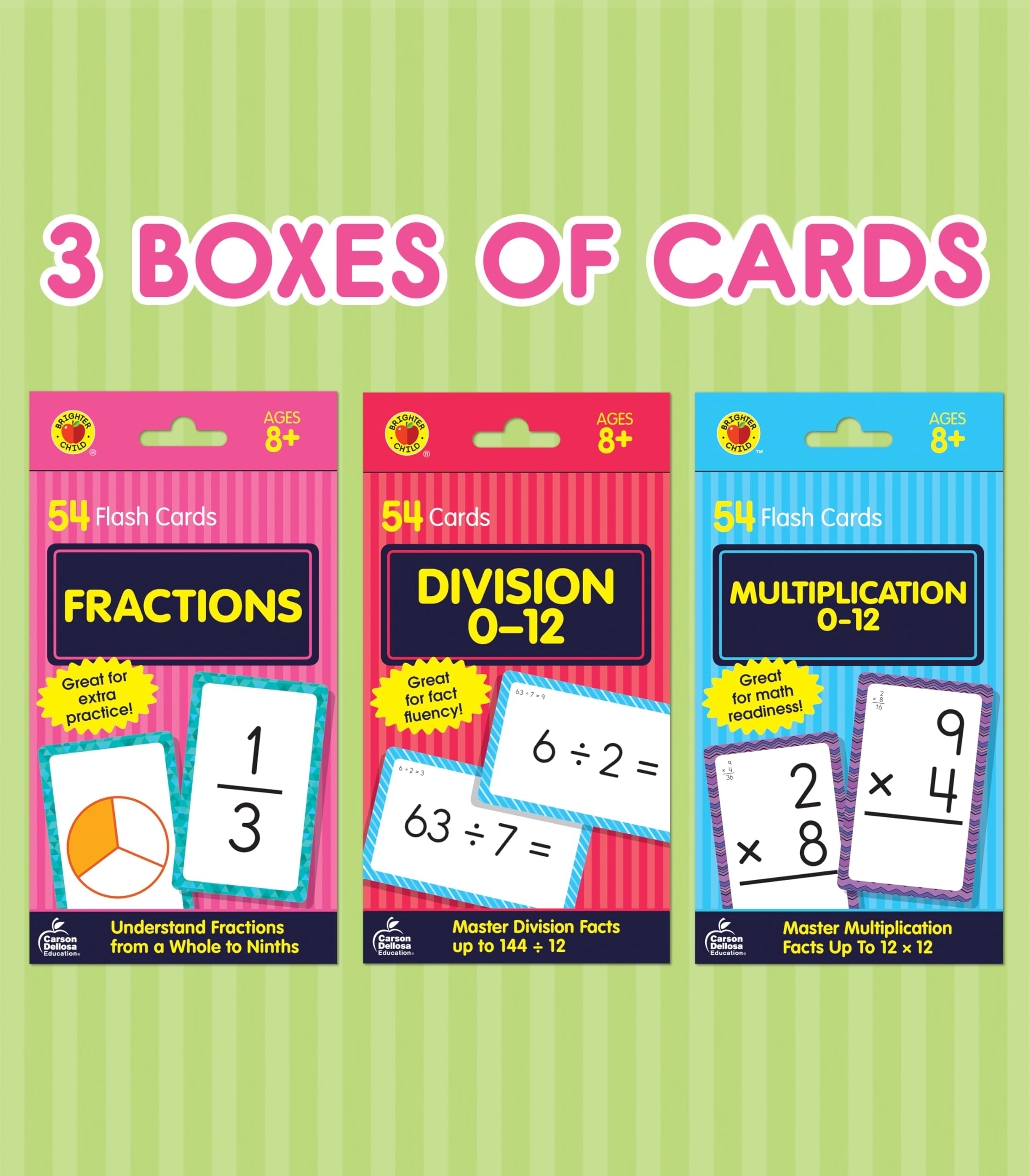 Carson Dellosa 3-Pack Math Flash Cards: Multiplication, Division & Fractions for Grades 3-5