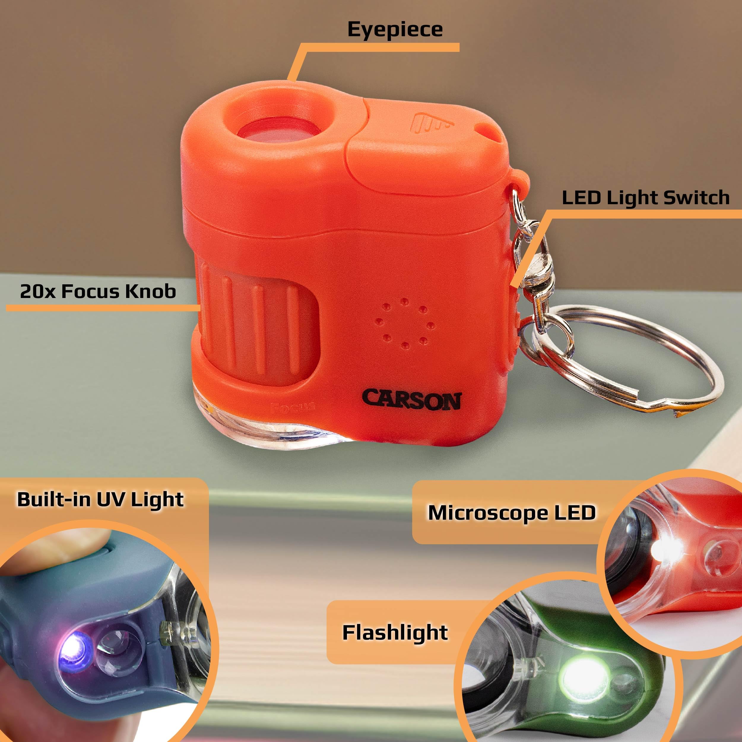 Carson MicroMini 20x Lighted Pocket Microscope with UV & LED Flashlight, Orange (MM-280O)