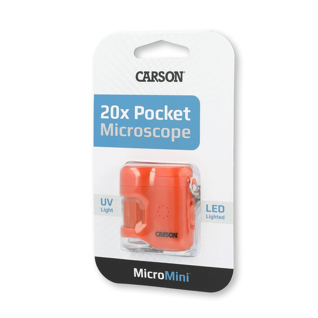 Carson MicroMini 20x Lighted Pocket Microscope with UV & LED Flashlight, Orange (MM-280O)