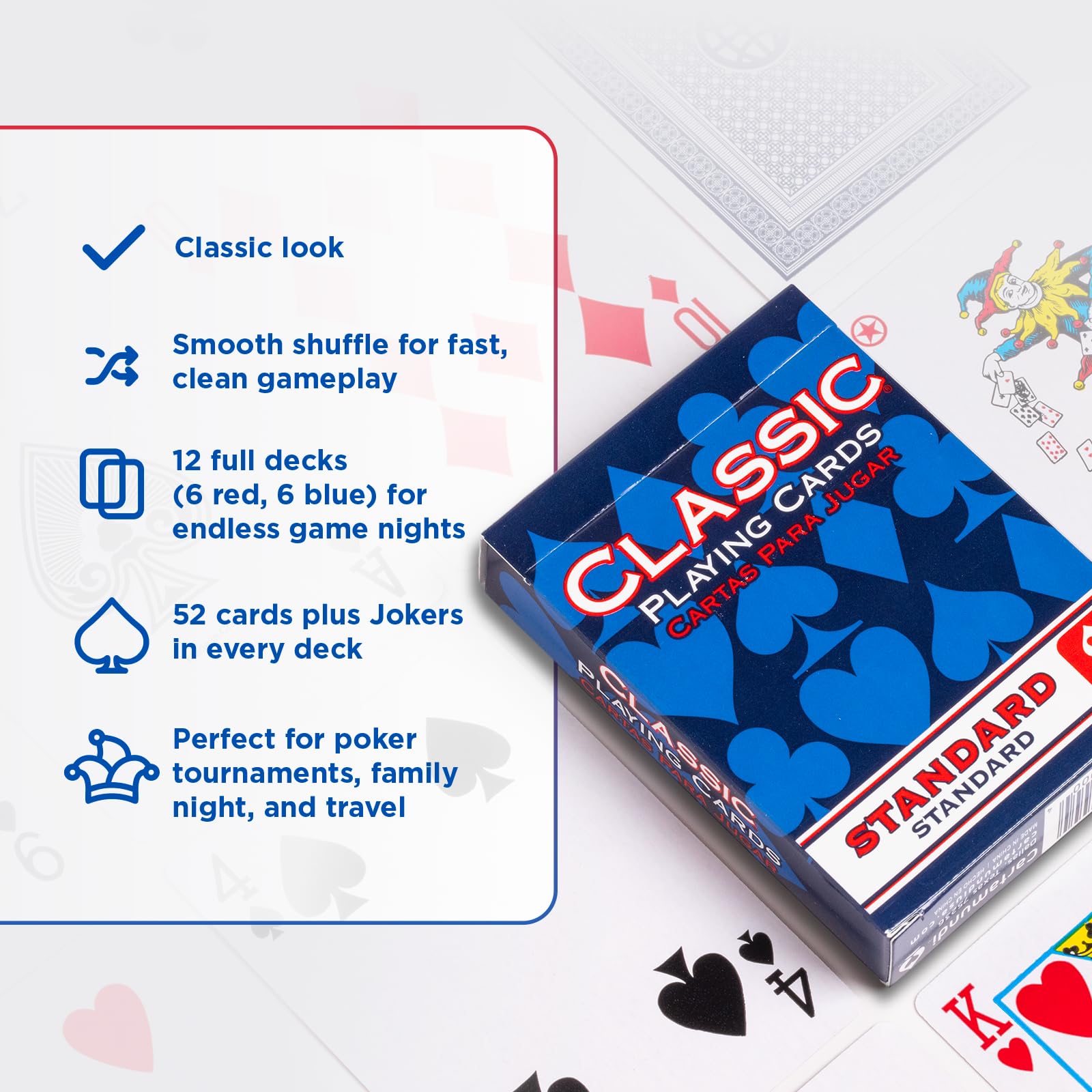 Cartamundi Classic Playing Cards 12 Pack – Standard Index Poker Decks (6 Red, 6 Blue)