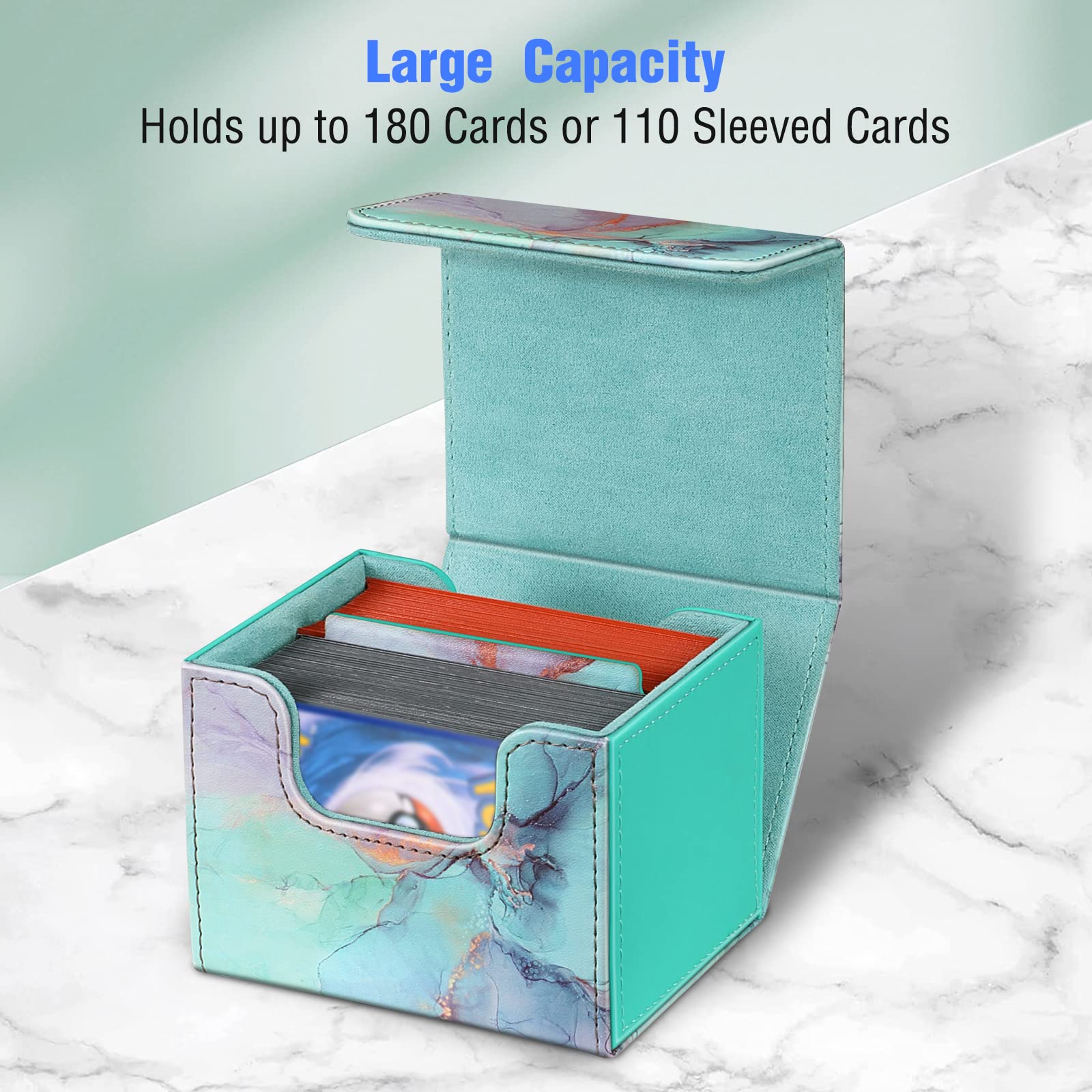 CaseBot Magnetic Card Deck Box – Holds 180 Cards, Leather Exterior, Emerald Marble