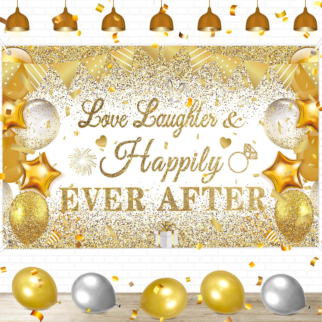 CASLON White Gold Love Laughter and Happily Ever After Banner 43x71 inch Wedding Shower Backdrop