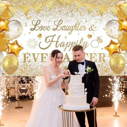 CASLON White Gold Love Laughter and Happily Ever After Banner 43x71 inch Wedding Shower Backdrop