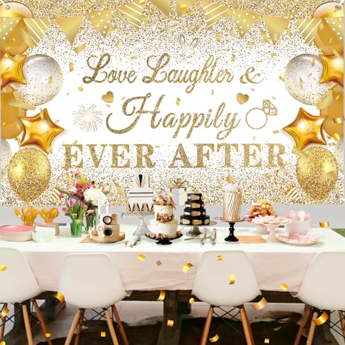 CASLON White Gold Love Laughter and Happily Ever After Banner 43x71 inch Wedding Shower Backdrop