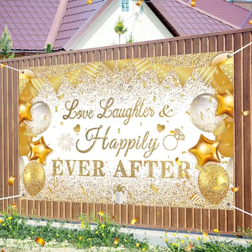CASLON White Gold Love Laughter and Happily Ever After Banner 43x71 inch Wedding Shower Backdrop