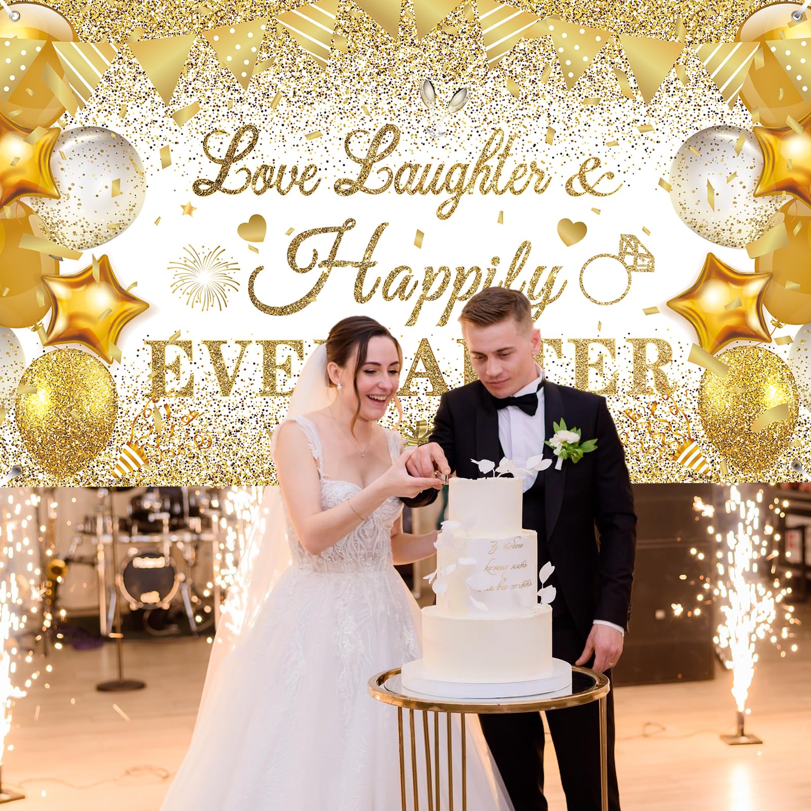 CASLON White Gold Love Laughter and Happily Ever After Banner 43x71 inch Wedding Shower Backdrop