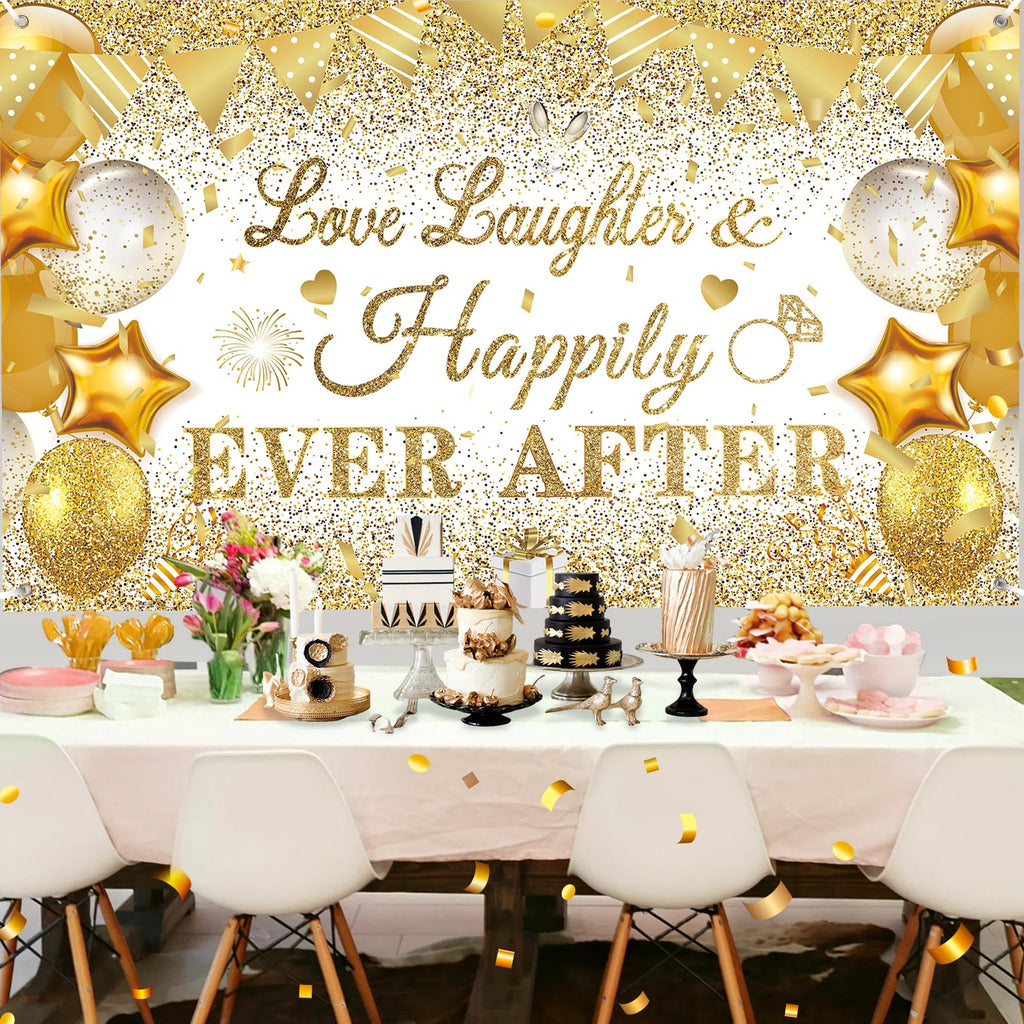 CASLON White Gold Love Laughter and Happily Ever After Banner 43x71 inch Wedding Shower Backdrop