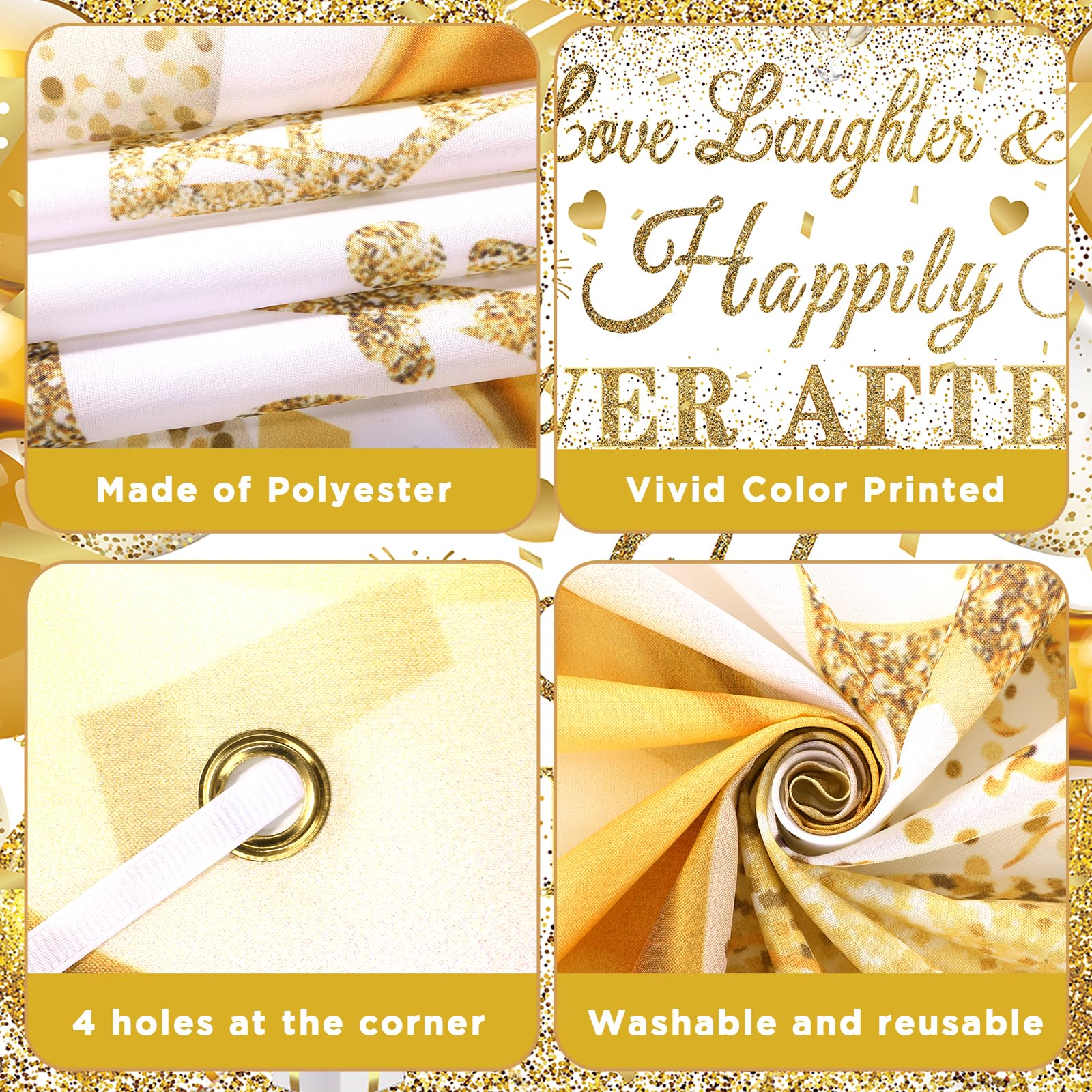 CASLON White Gold Love Laughter and Happily Ever After Banner 43x71 inch Wedding Shower Backdrop