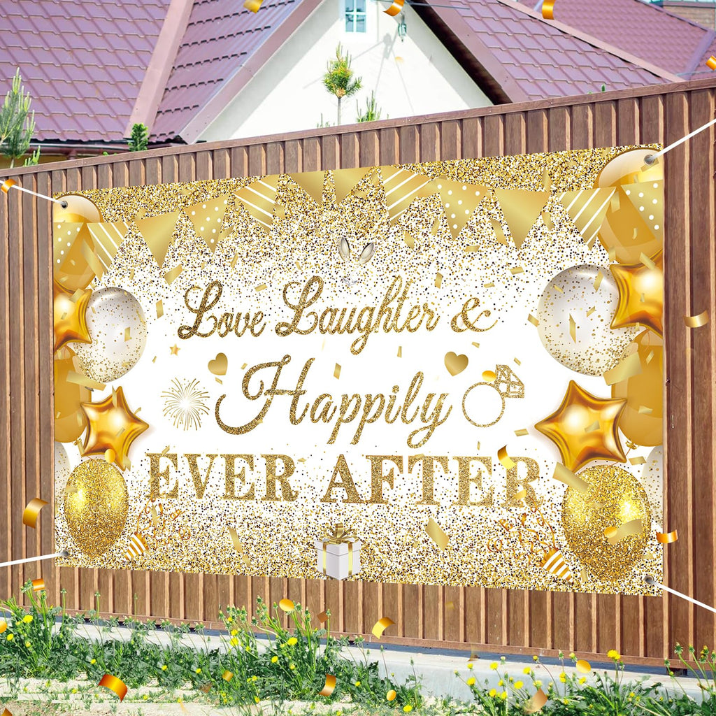 CASLON White Gold Love Laughter and Happily Ever After Banner 43x71 inch Wedding Shower Backdrop