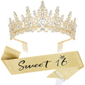 Casoty 16th Birthday Sash and Tiara Set – Gold Crown and Sweet 16 Sash with Pearl Pin