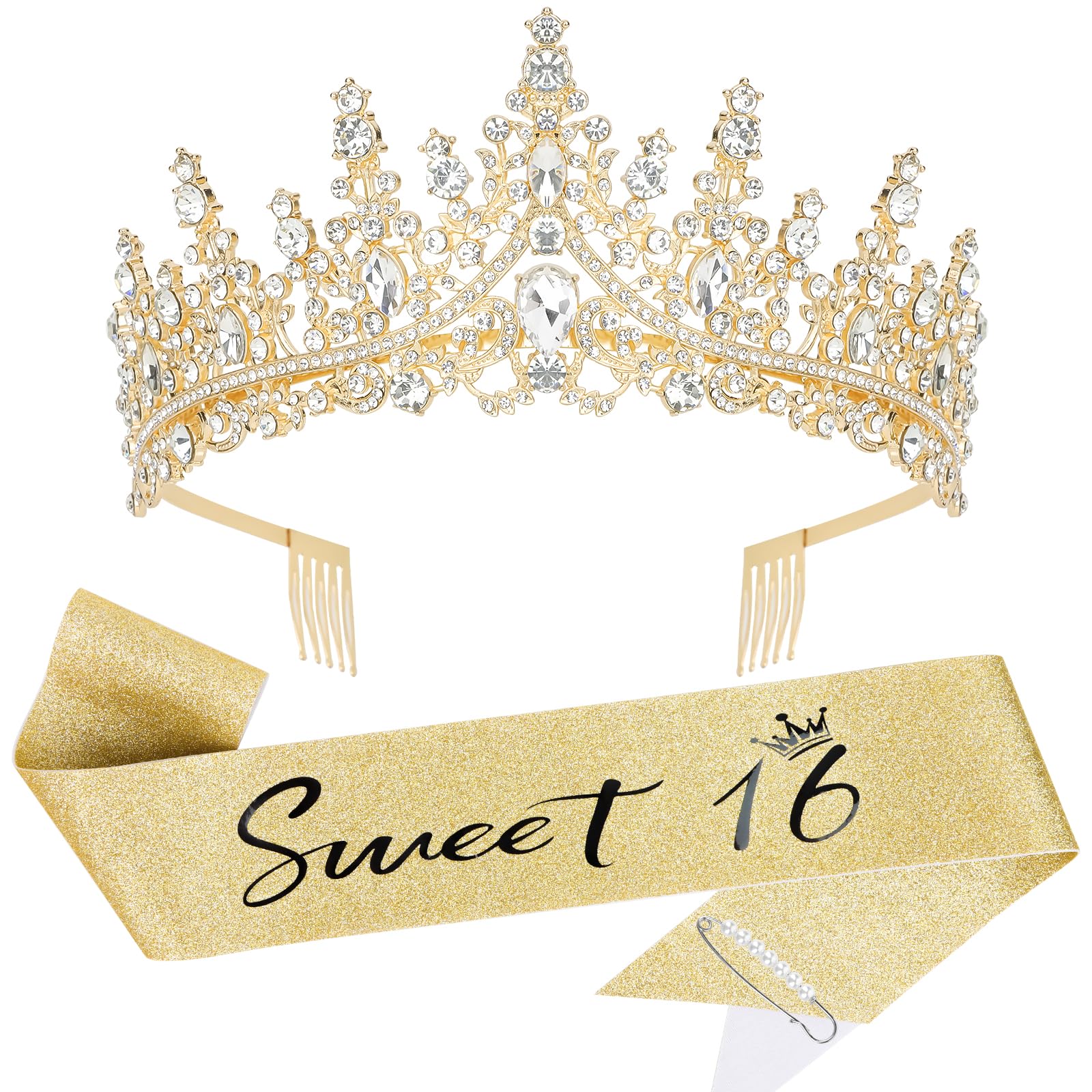 Casoty 16th Birthday Sash and Tiara Set – Gold Crown and Sweet 16 Sash with Pearl Pin