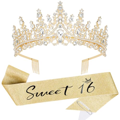 Casoty 16th Birthday Sash and Tiara Set – Gold Crown and Sweet 16 Sash with Pearl Pin