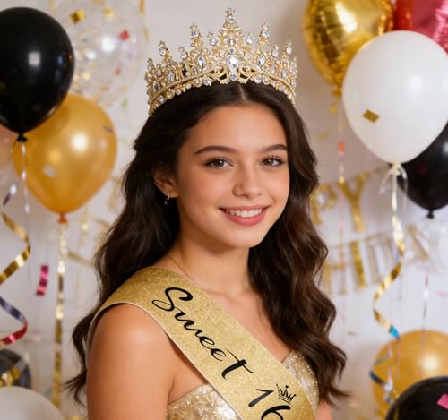 Casoty 16th Birthday Sash and Tiara Set – Gold Crown and Sweet 16 Sash with Pearl Pin