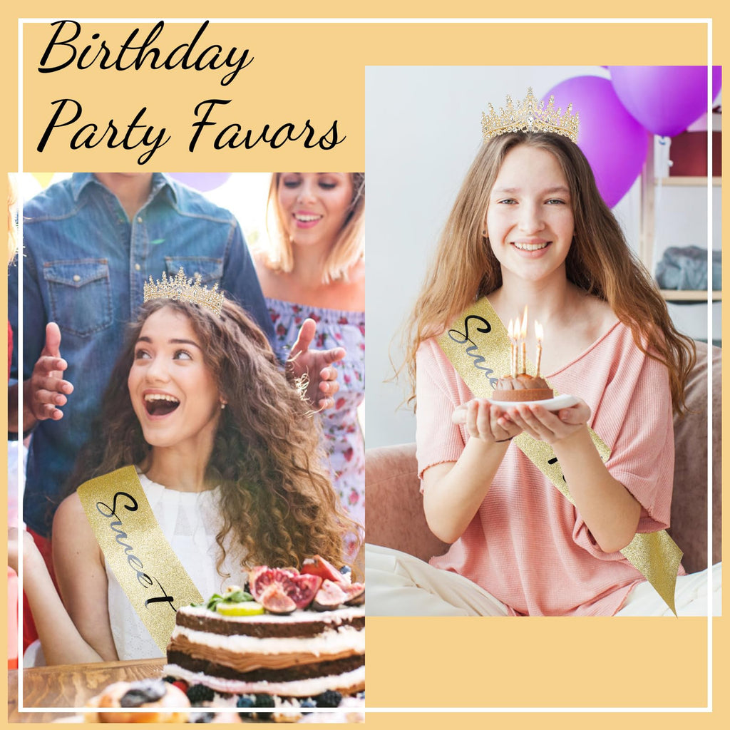Casoty 16th Birthday Sash and Tiara Set – Gold Crown and Sweet 16 Sash with Pearl Pin