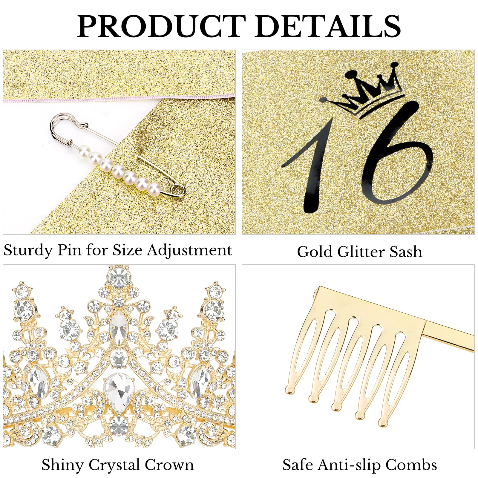 Casoty 16th Birthday Sash and Tiara Set – Gold Crown and Sweet 16 Sash with Pearl Pin
