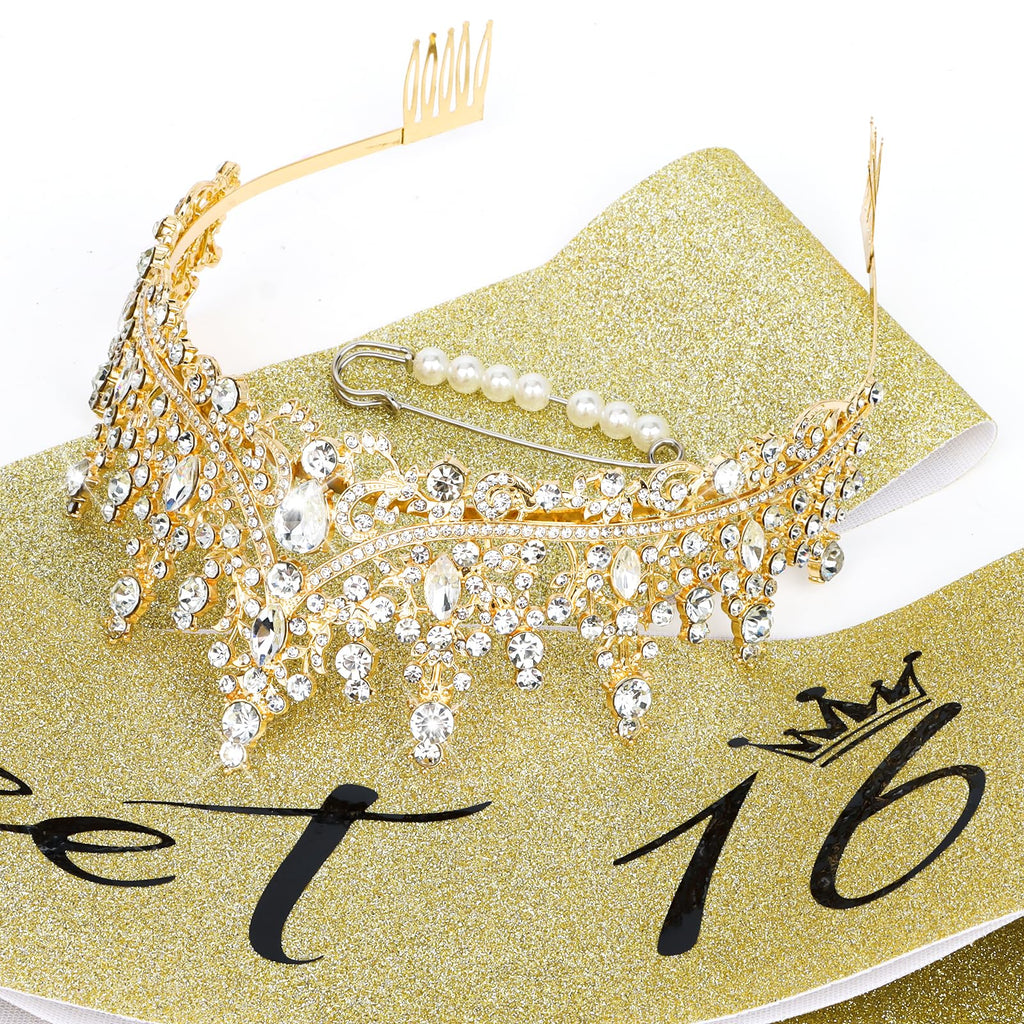Casoty 16th Birthday Sash and Tiara Set – Gold Crown and Sweet 16 Sash with Pearl Pin