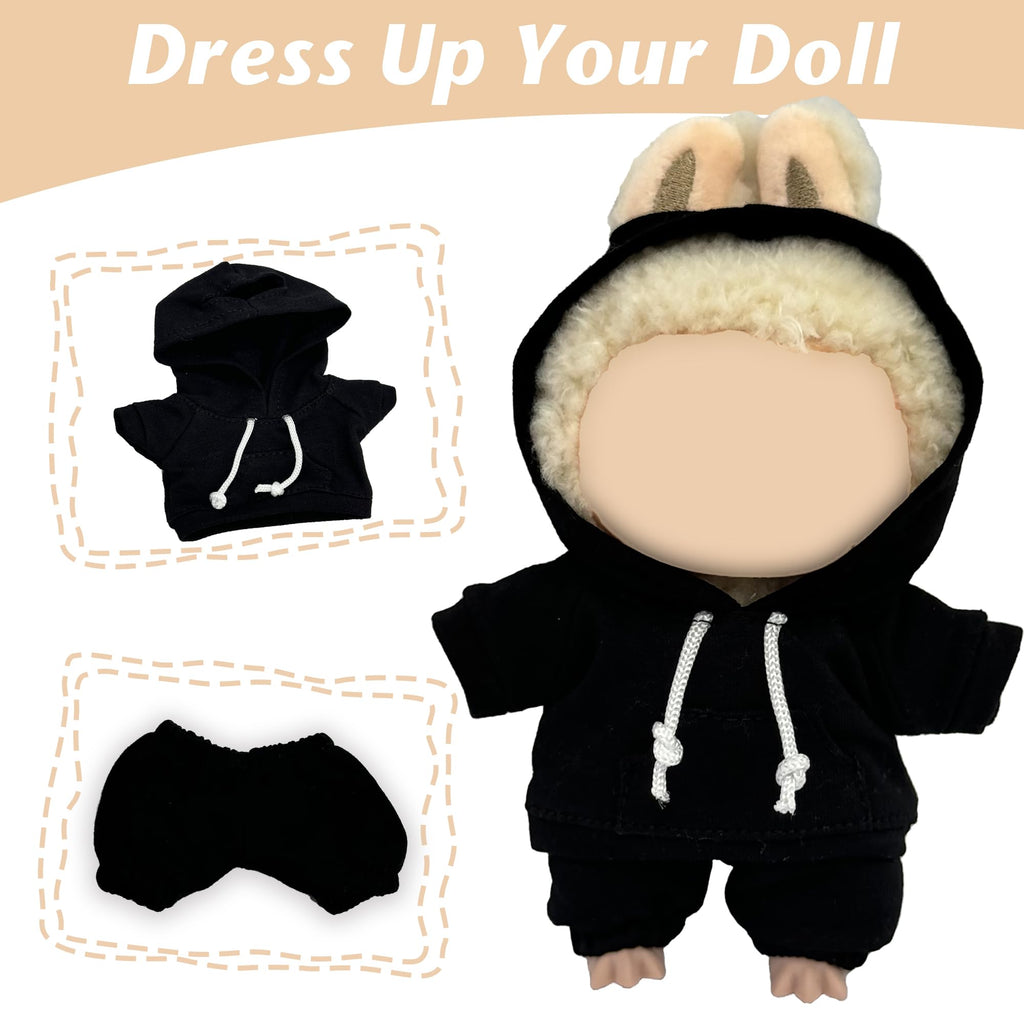 Casual Hoodie and Pants Outfit Set for 15/17cm LABUBU Doll – Black Set