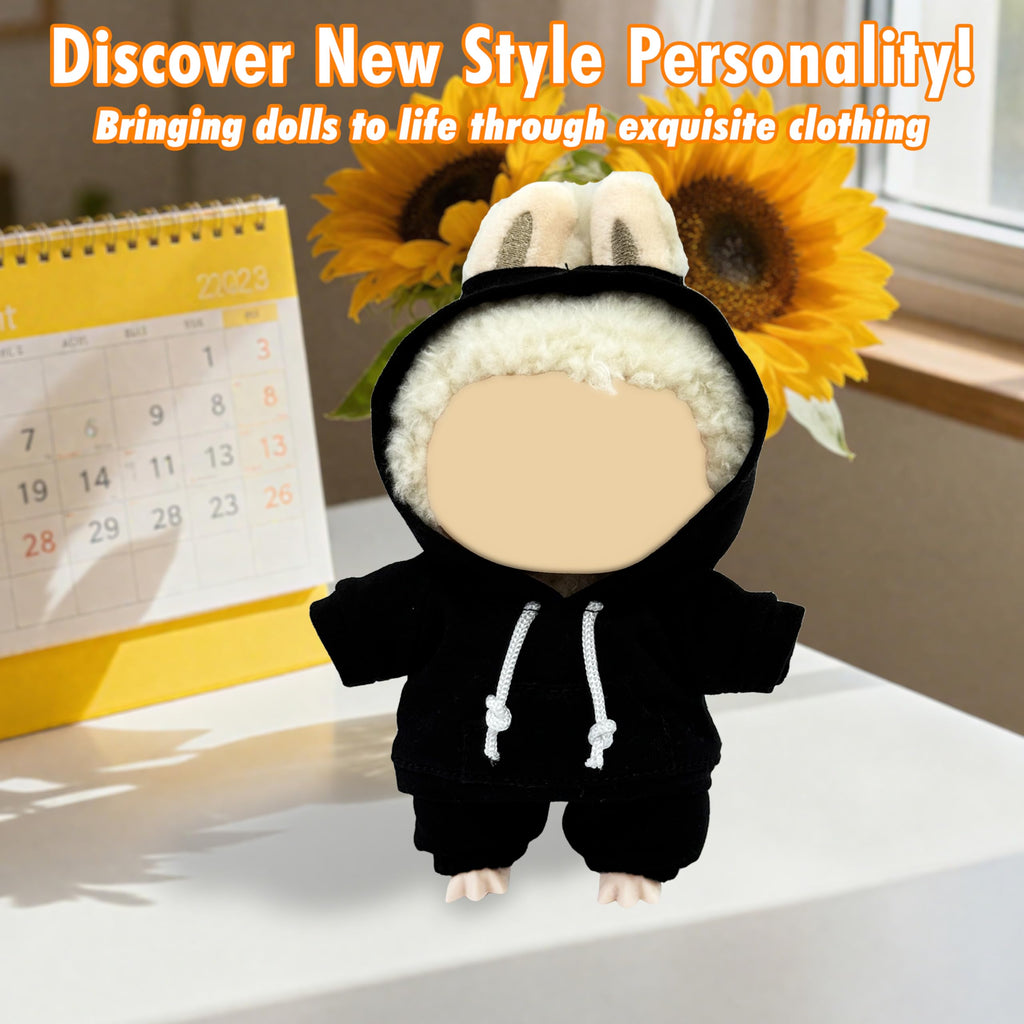 Casual Hoodie and Pants Outfit Set for 15/17cm LABUBU Doll – Black Set