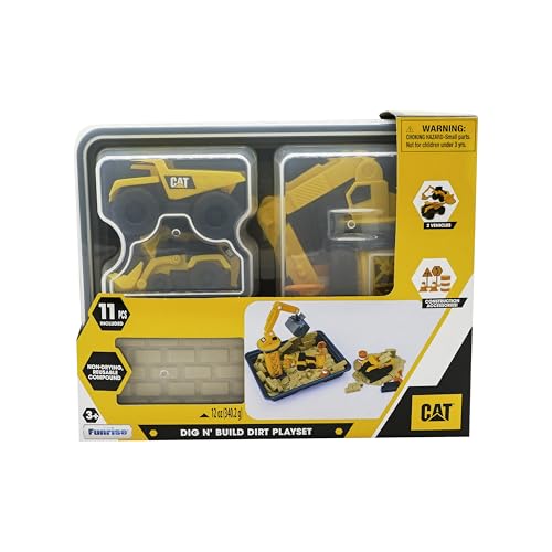 CAT Dig N' Build Dirt Playset – 12 oz Moldable Dirt, Crane, Vehicles, Molds & Tray, Ages 3+